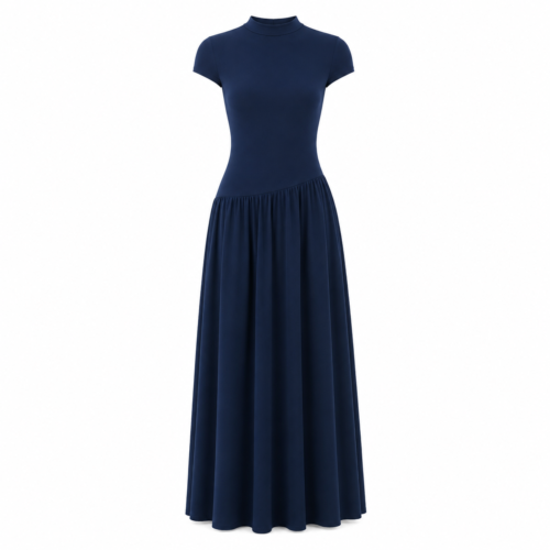 Robe Longue Élégante Bleu Marine – Coupe Cintrée & Jupe Fluide
