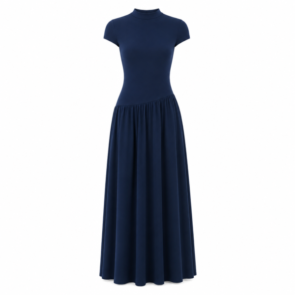 Robe Longue Élégante Bleu Marine – Coupe Cintrée & Jupe Fluide