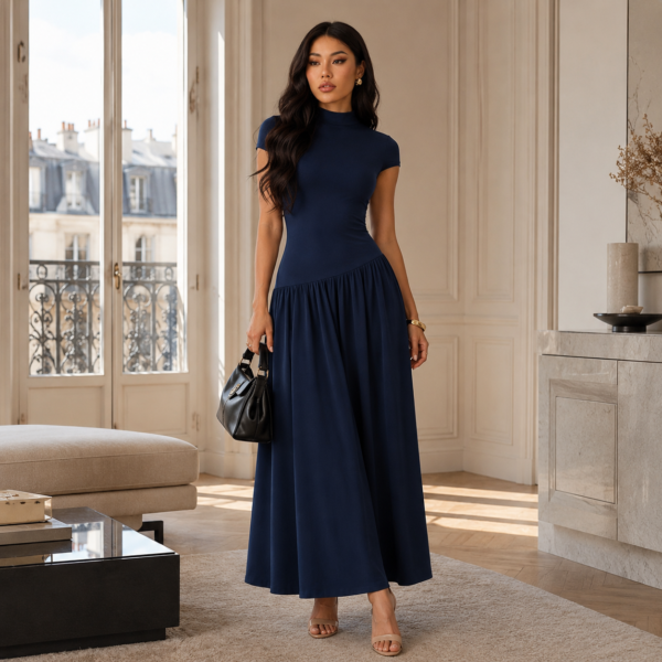 Robe Longue Élégante Bleu Marine – Coupe Cintrée & Jupe Fluide