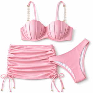Bikini 3 Pièces Rose Pastel avec Jupe Froncée Élégante