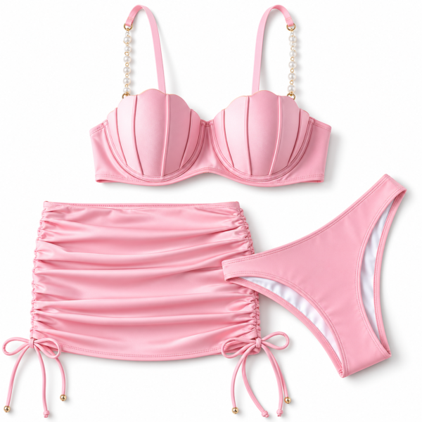 Bikini 3 Pièces Rose Pastel avec Jupe Froncée Élégante