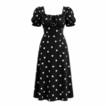 Robe Longue Élégante à Pois Noirs et Blancs – Col Carré & Manches Bouffantes