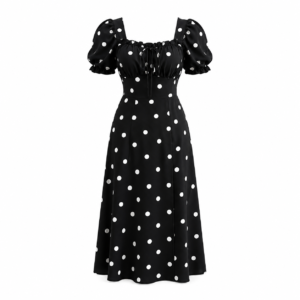 Robe Longue Élégante à Pois Noirs et Blancs – Col Carré & Manches Bouffantes