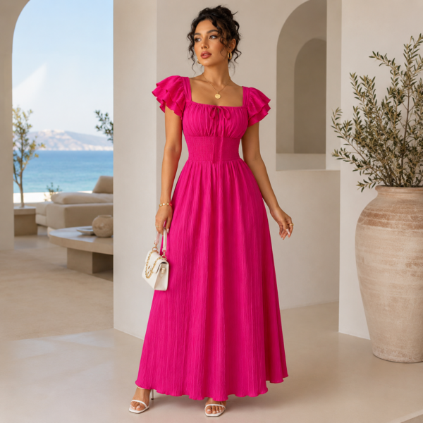 Robe Longue Plissée Fuchsia Élégance