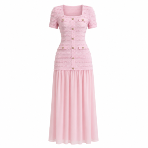 Robe Longue Rose Poudré Texturée Premium Femme