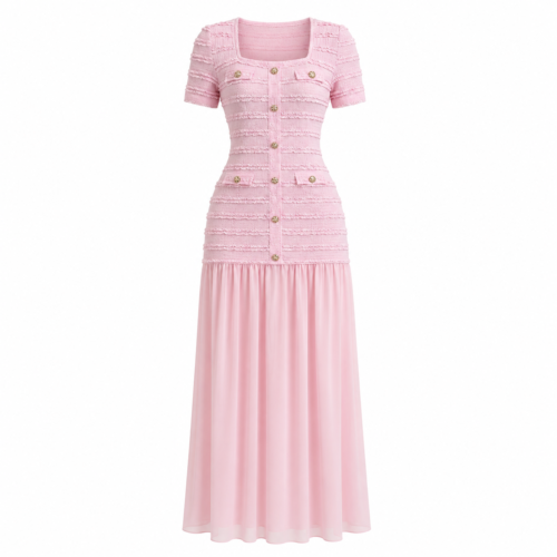 Robe Longue Rose Poudré Texturée Premium Femme