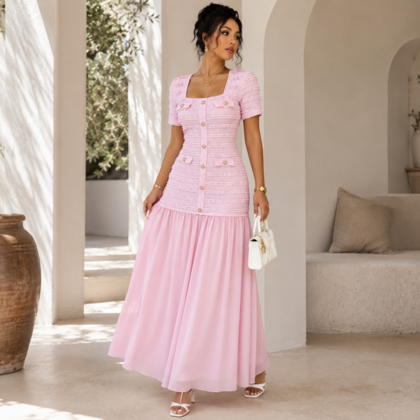 Robe Longue Rose Poudré Texturée Premium Femme