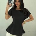 Women Vintage X-Ruched Crewneck Short Sleeve Black Bamboo Texture Top