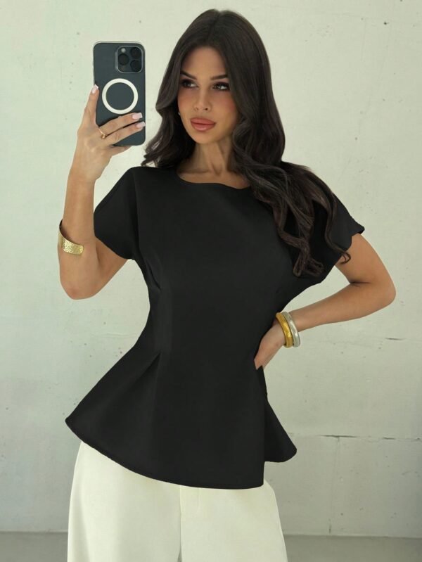 Women Vintage X-Ruched Crewneck Short Sleeve Black Bamboo Texture Top