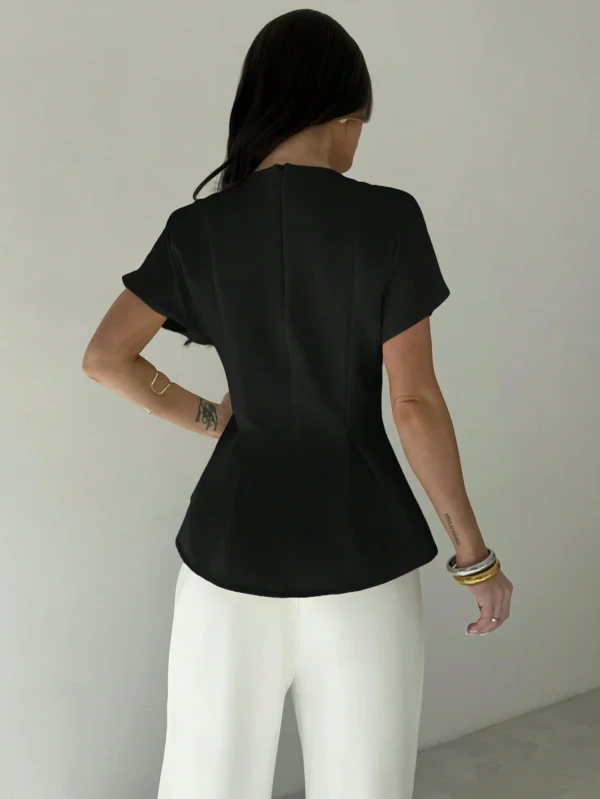 Women Vintage X-Ruched Crewneck Short Sleeve Black Bamboo Texture Top