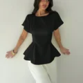 Women Vintage X-Ruched Crewneck Short Sleeve Black Bamboo Texture Top