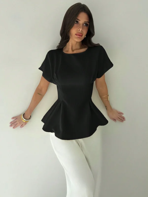 Women Vintage X-Ruched Crewneck Short Sleeve Black Bamboo Texture Top