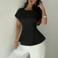 Women Vintage X-Ruched Crewneck Short Sleeve Black Bamboo Texture Top
