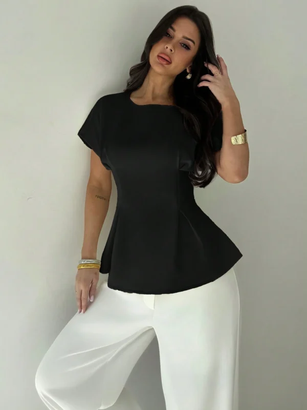 Women Vintage X-Ruched Crewneck Short Sleeve Black Bamboo Texture Top