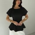 Women Vintage X-Ruched Crewneck Short Sleeve Black Bamboo Texture Top