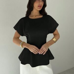 Women Vintage X-Ruched Crewneck Short Sleeve Black Bamboo Texture Top