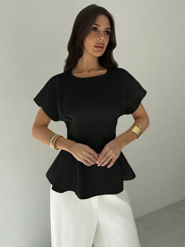 Women Vintage X-Ruched Crewneck Short Sleeve Black Bamboo Texture Top