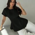 Women Vintage X-Ruched Crewneck Short Sleeve Black Bamboo Texture Top