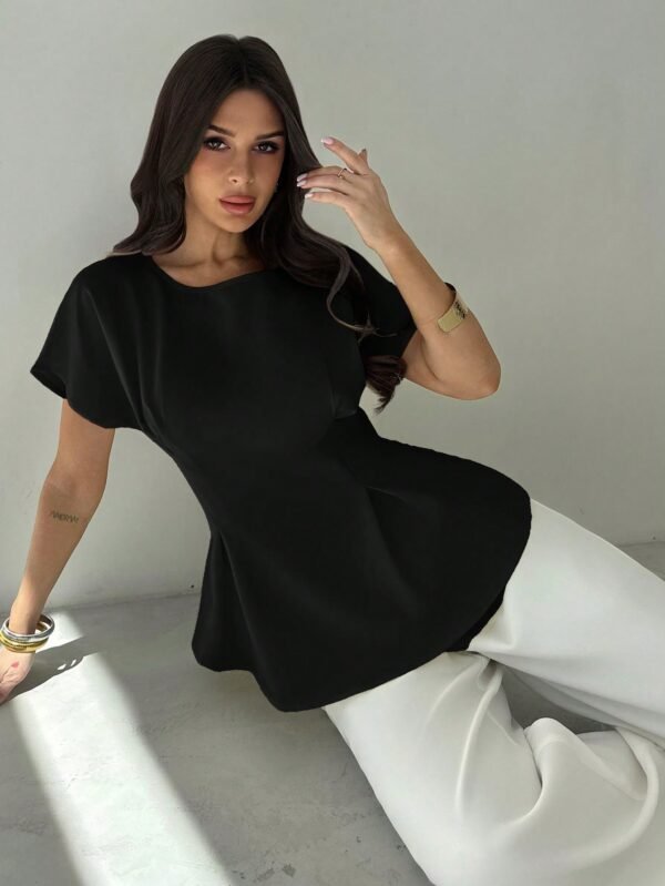 Women Vintage X-Ruched Crewneck Short Sleeve Black Bamboo Texture Top