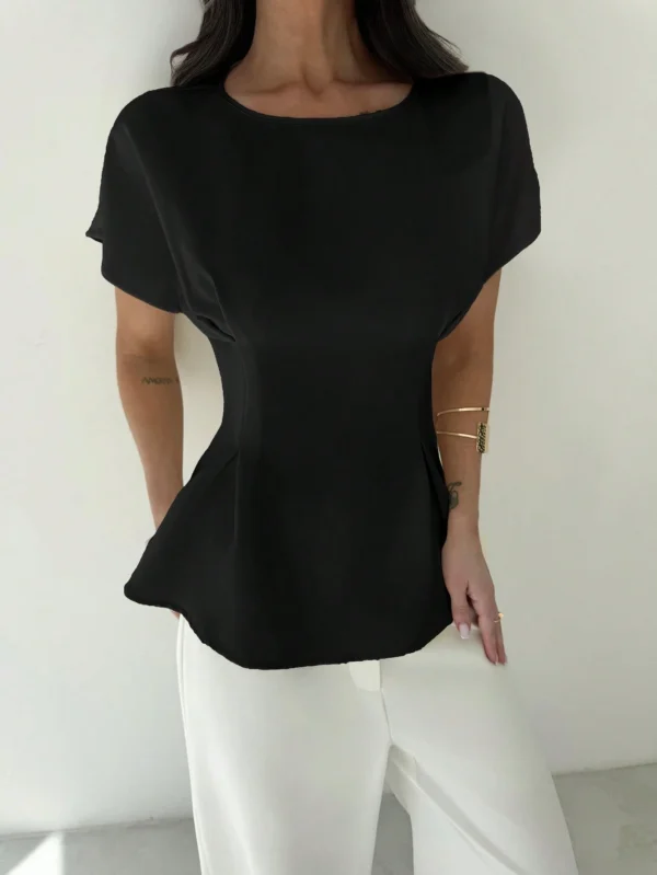 Women Vintage X-Ruched Crewneck Short Sleeve Black Bamboo Texture Top