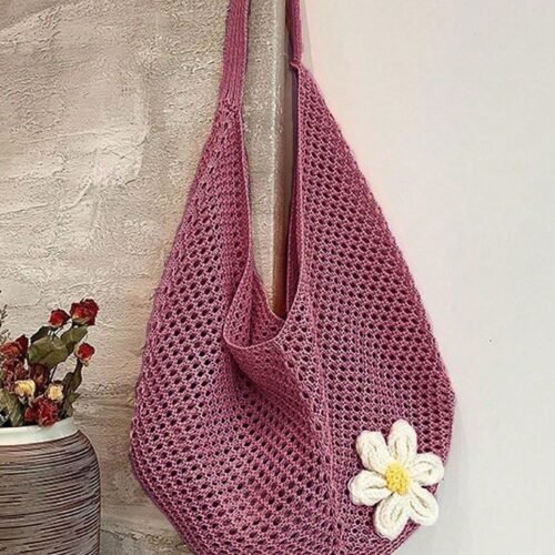 Women's Hollow Woven Bohemian Beach Tote Bag Crochet Flower Shopping Bag