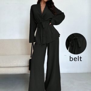 Ensemble Chemisier Col Revers et Pantalon Taille Haute pour Femmes Noir