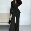 Ensemble Chemisier Col Revers et Pantalon Taille Haute pour Femmes Noir