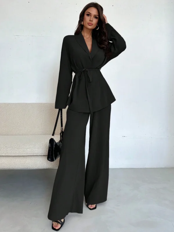 Ensemble Chemisier Col Revers et Pantalon Taille Haute pour Femmes Noir