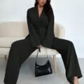 Ensemble Chemisier Col Revers et Pantalon Taille Haute pour Femmes Noir