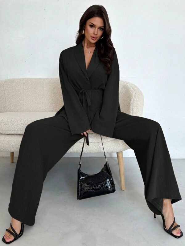 Ensemble Chemisier Col Revers et Pantalon Taille Haute pour Femmes Noir