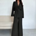 Ensemble Chemisier Col Revers et Pantalon Taille Haute pour Femmes Noir