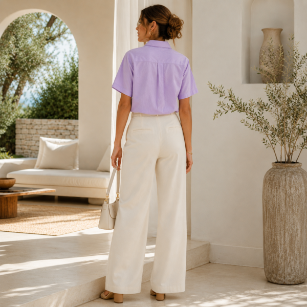 Chemise Femme Lilas à Manches Courtes – Chemise Élégante Boutonnée