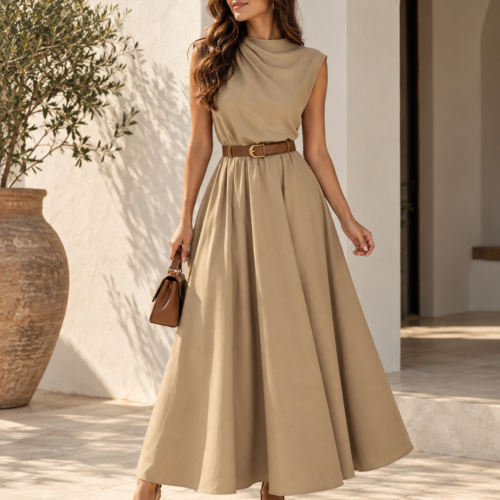 Robe Longue Sans Manches avec Ceinture – 2 Couleurs