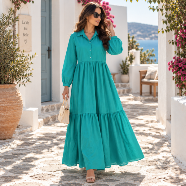 Robe Longue Chemise Fluide à Volants – 3 Couleurs