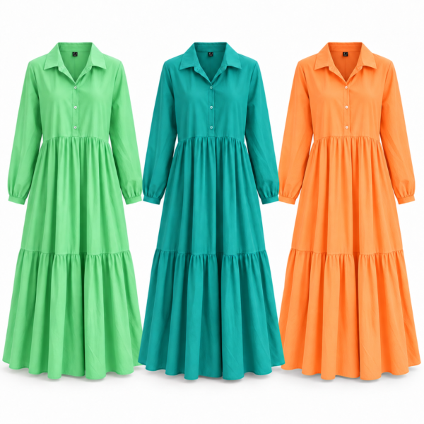 Robe Longue Chemise Fluide à Volants – 3 Couleurs