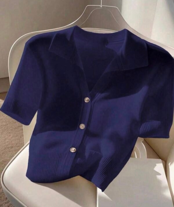Top Polo Tricoté Bleu Marine à Manches Courtes