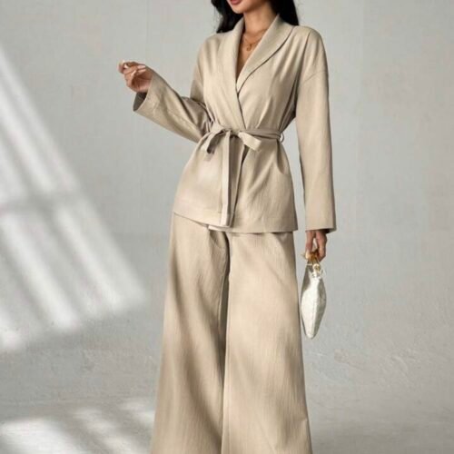 Ensemble Femme Élégant Beige – Blazer à Taille Nouée & Pantalon Fluide