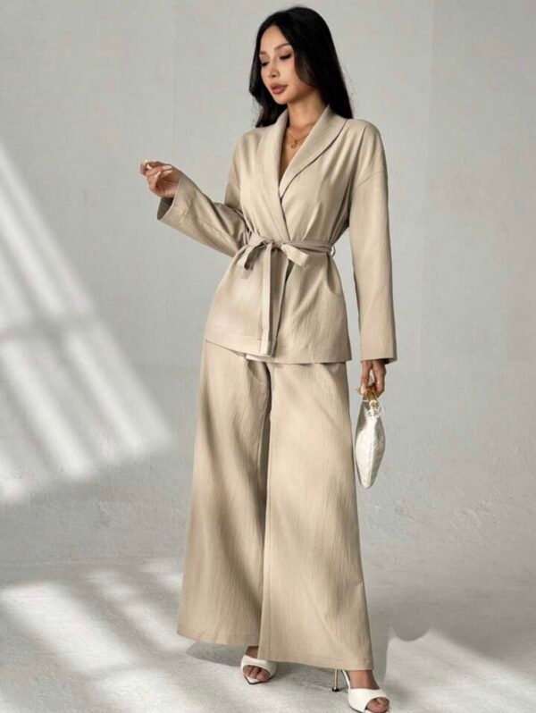 Ensemble Femme Élégant Beige – Blazer à Taille Nouée & Pantalon Fluide