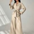 Ensemble Femme Élégant Beige – Blazer à Taille Nouée & Pantalon Fluide