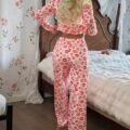 Ensemble Pyjama Femme Rose à Imprimé Lèvres