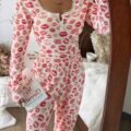 Ensemble Pyjama Femme Rose à Imprimé Lèvres
