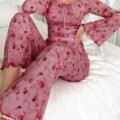 DUSKBASE Ensemble pyjama avec haut à manches longues évasées et imprimé floral froncé et pantalon pour femmes, pour la saison des fêtes, vêtements d'automne-hiver confortables et élégants