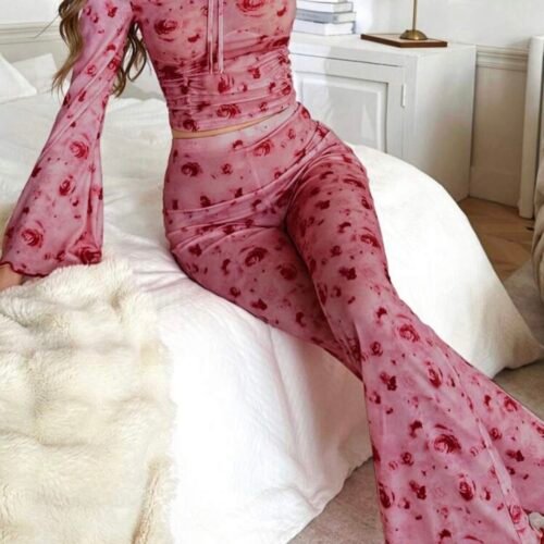 DUSKBASE Ensemble pyjama avec haut à manches longues évasées et imprimé floral froncé et pantalon pour femmes, pour la saison des fêtes, vêtements d'automne-hiver confortables et élégants
