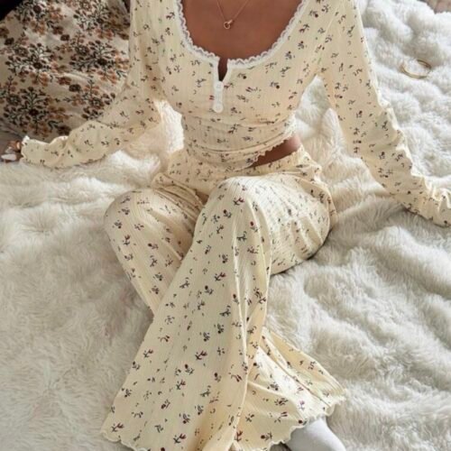 CottageSlumber Ensemble de pyjama à manches longues en tricot jacquard avec col carré et garniture en dentelle florale romantique