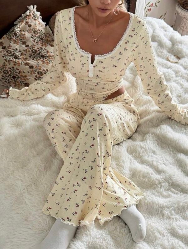 CottageSlumber Ensemble de pyjama à manches longues en tricot jacquard avec col carré et garniture en dentelle florale romantique