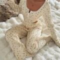 CottageSlumber Ensemble de pyjama à manches longues en tricot jacquard avec col carré et garniture en dentelle florale romantique