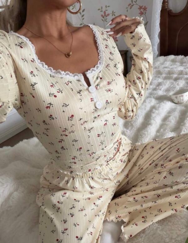 CottageSlumber Ensemble de pyjama à manches longues en tricot jacquard avec col carré et garniture en dentelle florale romantique