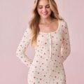 CottageSlumber Combinaison côtelée à manches longues avec imprimé nœud et cœur, style décontracté et confortable pour femmes