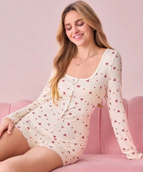 CottageSlumber Combinaison côtelée à manches longues avec imprimé nœud et cœur, style décontracté et confortable pour femmes