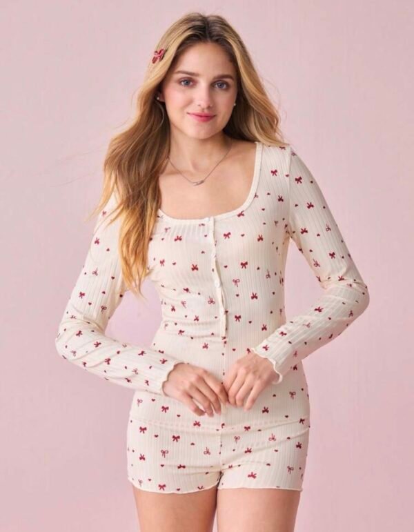 CottageSlumber Combinaison côtelée à manches longues avec imprimé nœud et cœur, style décontracté et confortable pour femmes
